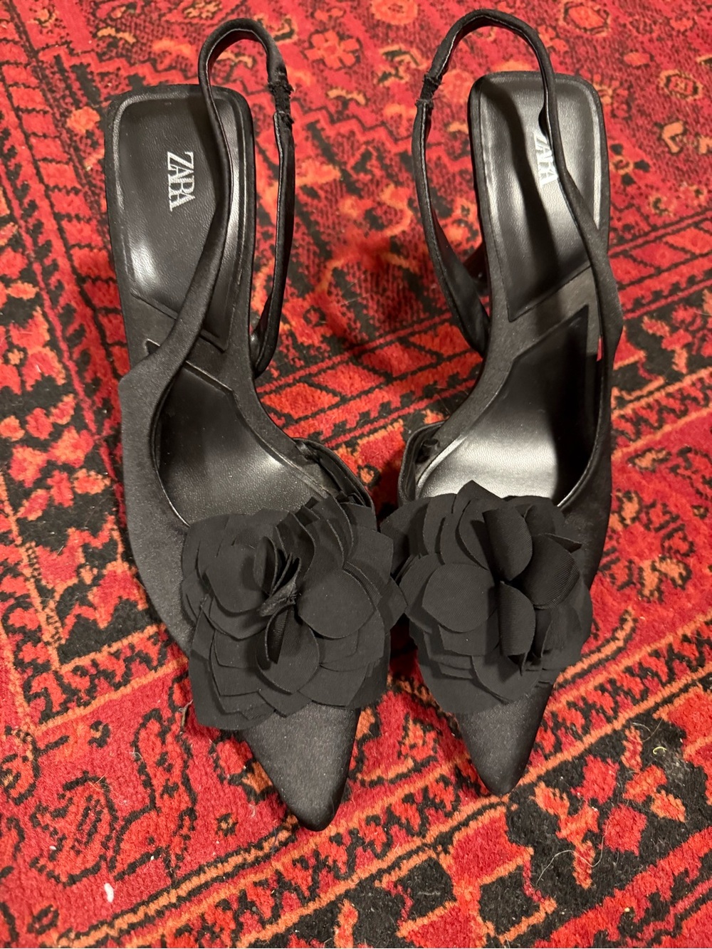 Zara Black Floral Slingback Pointed-Toe Heels with Rosette